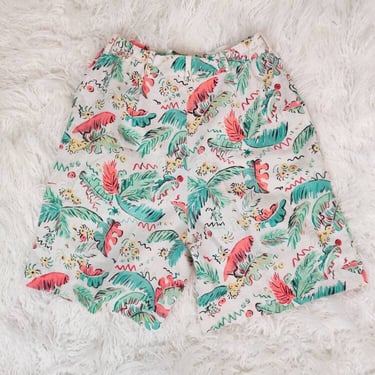Vintage 80s/90s Tropical Print Summer Shorts // High Waisted Trouser Shorts with Pockets 