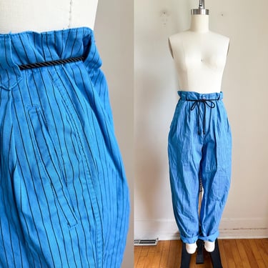 Vintage 1980s Blue Striped Paper Bag Waist Pants / 28" 