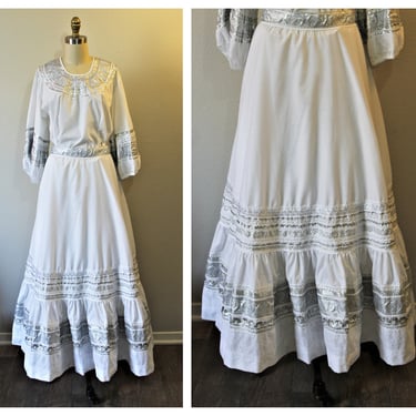 Vintage 1960s 60s Jeanette's Originals Albuquerque NM White Silver Patio dress circle maxi skirt set southwestern volup // US 12 14 16  XL 