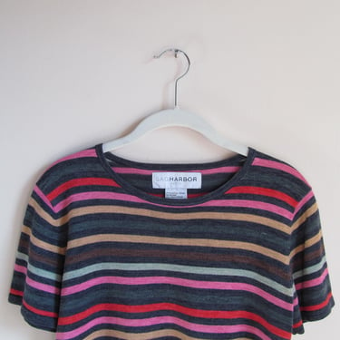 90s Colorful Striped Short Sleeved Sweater M Petite 36 Bust 