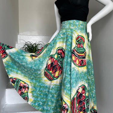 1950s Mexican Tourist Hand Painted Skirt 30 Waist Vintage Pottery Turquoise Watercolor 