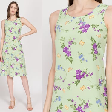 XS 90s Green Floral & Butterfly Midi Tank Dress Petite | Vintage Grunge Sleeveless Tie Back Sundress 