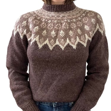 Vintage Womens Hand Knit 100% Wool Brown Fair Isle Scandinavian Sweater Sz M 