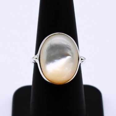 Modernist 80's Mother of Pearl sterling size 7.25 ring, big CI Thai 925 silver chatoyant MOP solitaire 
