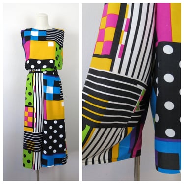 Vintage 1980s set pants and matching top 2 piece wrap around pants op art new wave 