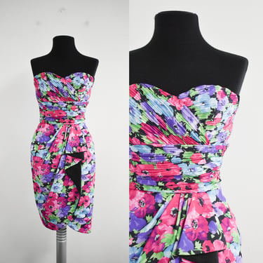 1980s Floral Strapless Cocktail Dress 