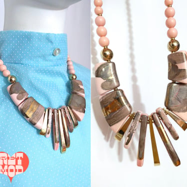 Gorgeous Vintage 80s Pastel Pink & Gold Ceramic Sculptural Statement Necklace 