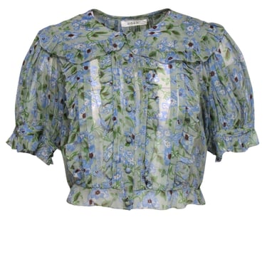 Doen - Green &amp; Blue Floral Cropped Puff Sleeve Blouse w/ Peter Pan Collar Sz S
