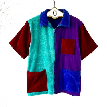 Vintage Towel Jacket 80s Colorblock Collared Pool Beach Shirt Swimsuit Coverup 