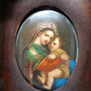 Antique 1800's Hand Painted (AS IS)  Miniature Portrait of Saint Mary with Christ Child Jesus in Hand Carved Wooden Frame, Vintage Painting 
