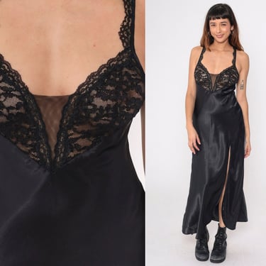 Black Satin Lace Nightgown Y2K Victoria's Secret Sheer High Front Slit Slip Dress Maxi Lace Lingerie Vintage 00s Deep V Neck Small 