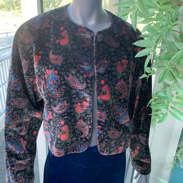 KEATON CHASE Velvet Floral Paisley Printed Cropped Blazer - Black - Size 14 