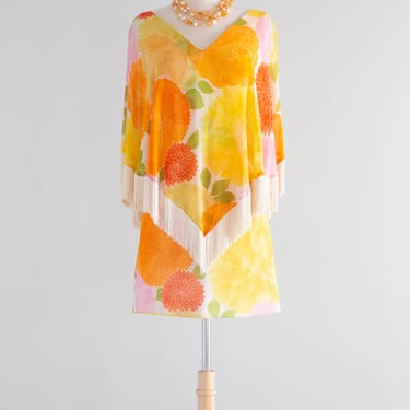 Fabulous 1960's Citrus Floral Cocktail Dress With Fringe By Lilli Diamond / SM