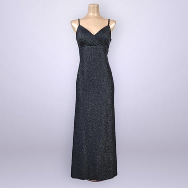 VINTAGE 70s Black Metallic Tinsel Maxi Dress | 1970s Fuzzy Sparkle Empire Waist Hostess Formal Dress | VFG 