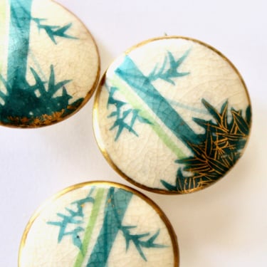 Antique Japanese Satsuma Hand Painted Ceramic Buttons with Gold Gilt Border - Bamboo Motif - Three Matching Pottery Buttons 