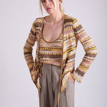 Vintage Missoni Sunset Multicolor Zig Zag Twin Set Tank + Cardigan Squiggle Line S M Y2K Space Dye Yellow Pink Brown 