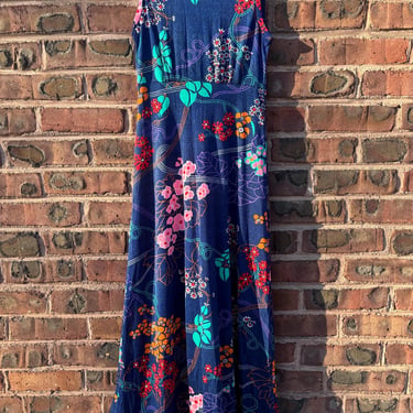 Vintage 70s Lord & Taylor Blue Floral Dress Set Boho Top Long Sleeveless Cocktail Party Small Medium by TimeBa