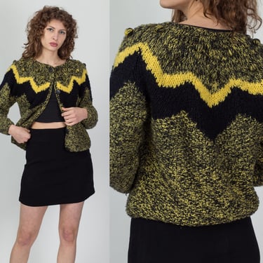 70s 80s Zig Zag Striped Knit Cardigan - Medium | Vintage Black & Yellow Long Sleeve Bauble Sweater 