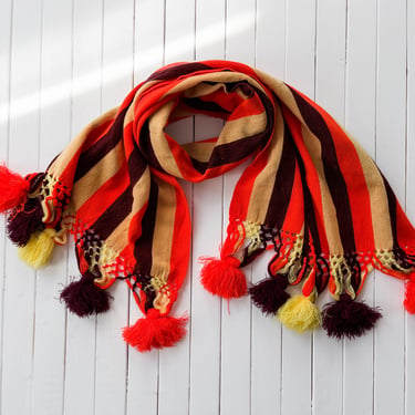 brown orange yellow striped scarf | 70s vintage handmade pompom tassel dark academia warm winter scarf shawl 