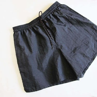 Vintage 90s Black Nylon Elastic Waist Shorts S M  - Drawstring Swishy Athletic Sports Shorts 