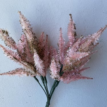 Vintage Pink Bottle Brush Floral Picks, Silver Glitter Feather Branches,Japan, Unused, Bundle Of 6, Christmas And Valentine's Arrangements 