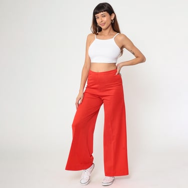 70s Red Wide Leg Flared Pants Vintage Retro High Rise Waisted Pants Mod Seventies 1970s Textured Small Medium 