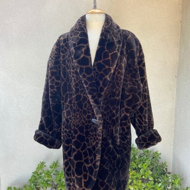Vintage oversized 80s style jacket faux fur black brown animal print Sz Large Fully lined with pockets 