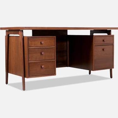 Mid-Century Modern Executive Walnut Desk with Floating Top