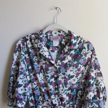 80s Floral Print Shirtdress S M Petite 36 Bust 