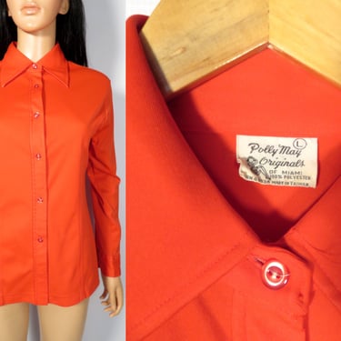 Vintage 70s Neon Cherry Red Polyester Blouse Size M/L 
