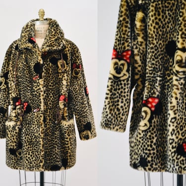 Vintage Faux Fur Jacket Coat with Mickey Mouse Minnie Mouse Disney 90s Animal Print Faux Fur Hooded Coat by Apparence Paris Small Medium 