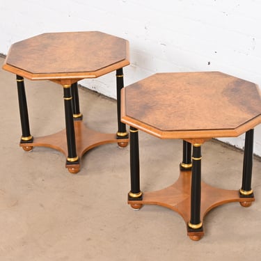 Baker Furniture Neoclassical Burled Walnut Tea Tables, Pair