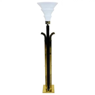 Art Deco Style Torchere Floor Lamp Brass & Black Lacquer 