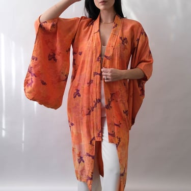 Antique 40s Japanese Orange Washed Sun Blossom Floral Silk Kimono | 100% Silk | 1930s 1940s Distressed Asian Silk Bohemian Duster Jacket 