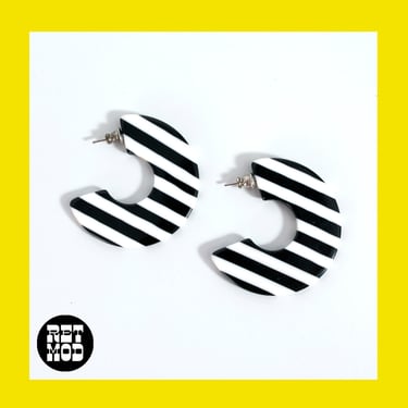 SO COOL Vintage 80s Black &amp; White Stripe Pop Art Hoop Earrings 