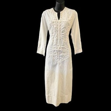 boho embroidered dress 1970s white floral embroidery festival caftan medium 