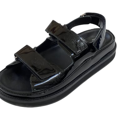 Vintage CHANEL CC Monogram Logo DAD Velcro Black Patent Leather Platform Sandals Gladiator Hiking Walking Shoes It 38 / Us 7.5 - 8 