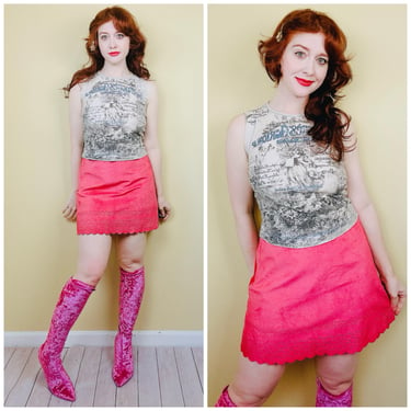 1990s Vintage Express Pink Leather Mini Skirt / 90s Laser Cut High Waisted Scalloped Suede / Size Large 