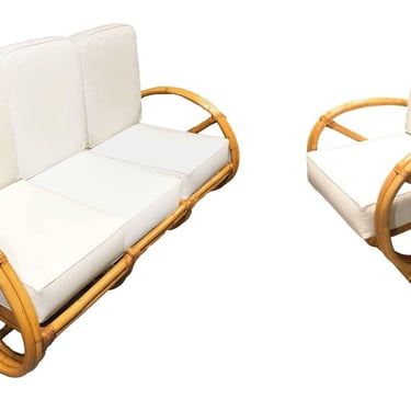 Restored 2-Strand 3/4 Pretzel Rattan Sectional Sofa w/ Lounge Chair 