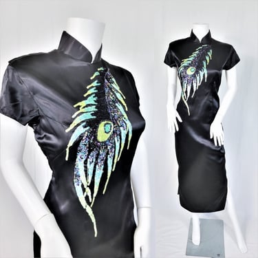 1950's Black Rayon Satin Sequin Peacock Feather Chines Cheongsam Dress I Sz Med I B: 38