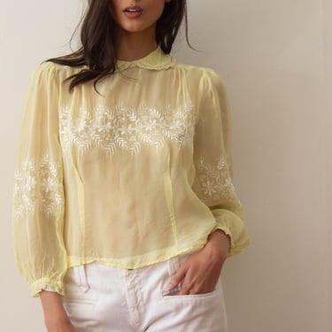 1940s Pale Yellow Organza Embroidered Top 