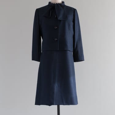 Elegant 1960's Navy Blue Silk Dress &amp; Jacket By Patullo Jo Copeland / ML