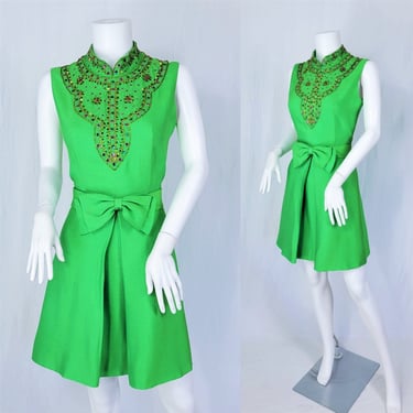 1960's Kelly Green Beaded Soutache Mandarin Collar Cocktail Mini Dress I Sz Med I MOD I TIKI I MCM 