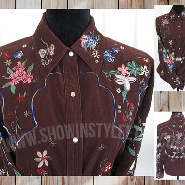 Ranch Wear Vintage Rebel Retro Women's Cowgirl Western Shirt, Embroidered Floral Designs, Butterflies, Tag Size Medium (see meas. photo) 