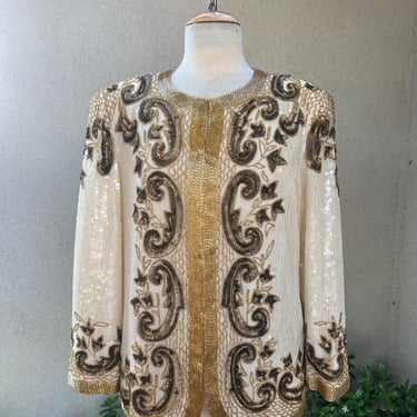 Vintage glam jacket top beaded sequins cream gold tones Sz M by Hi-Fashions of California. 