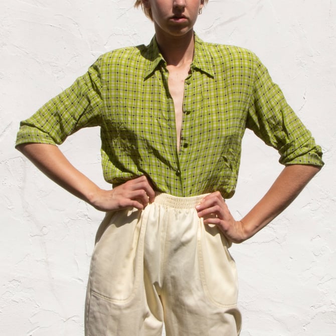 Lime Green Plaid Vintage Silk Shirt 