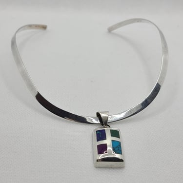 Multi-Stone Inlaid Sterling Silver Rectangular Pendant on a Sterling Silver Collar 