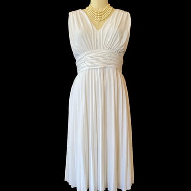 1990s white cocktail dress, pleated full skirt, vintage 90s dress, Marilyn Monroe, ruched waist, size medium, Jessica Howard, minimalist, 