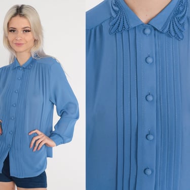 Blue Pleated Blouse 70s Semi-Sheer Button up Top Long Sleeve Cutout Collared Shirt Preppy Formal Chic Tuxedo Cut Out Vintage 1970s Medium M 