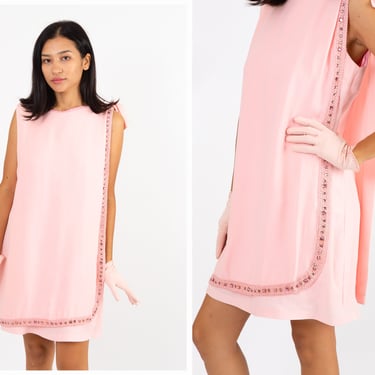 Vintage 1960s 60s does 1920s 20s Blush Pink Shift Mini Dress w/ Gemstone Trim // Flapper, Zelda Fitzgerald, Swing Style 